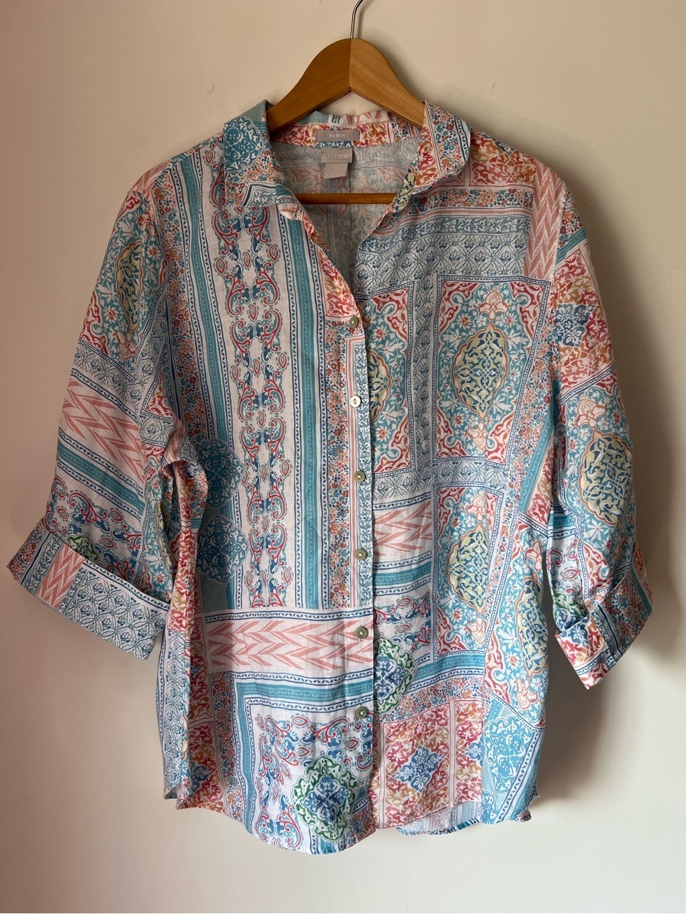 Chico's Non-Iron Linen Soft Teal & Coral Patchwork Print Shirt Spring Coastal